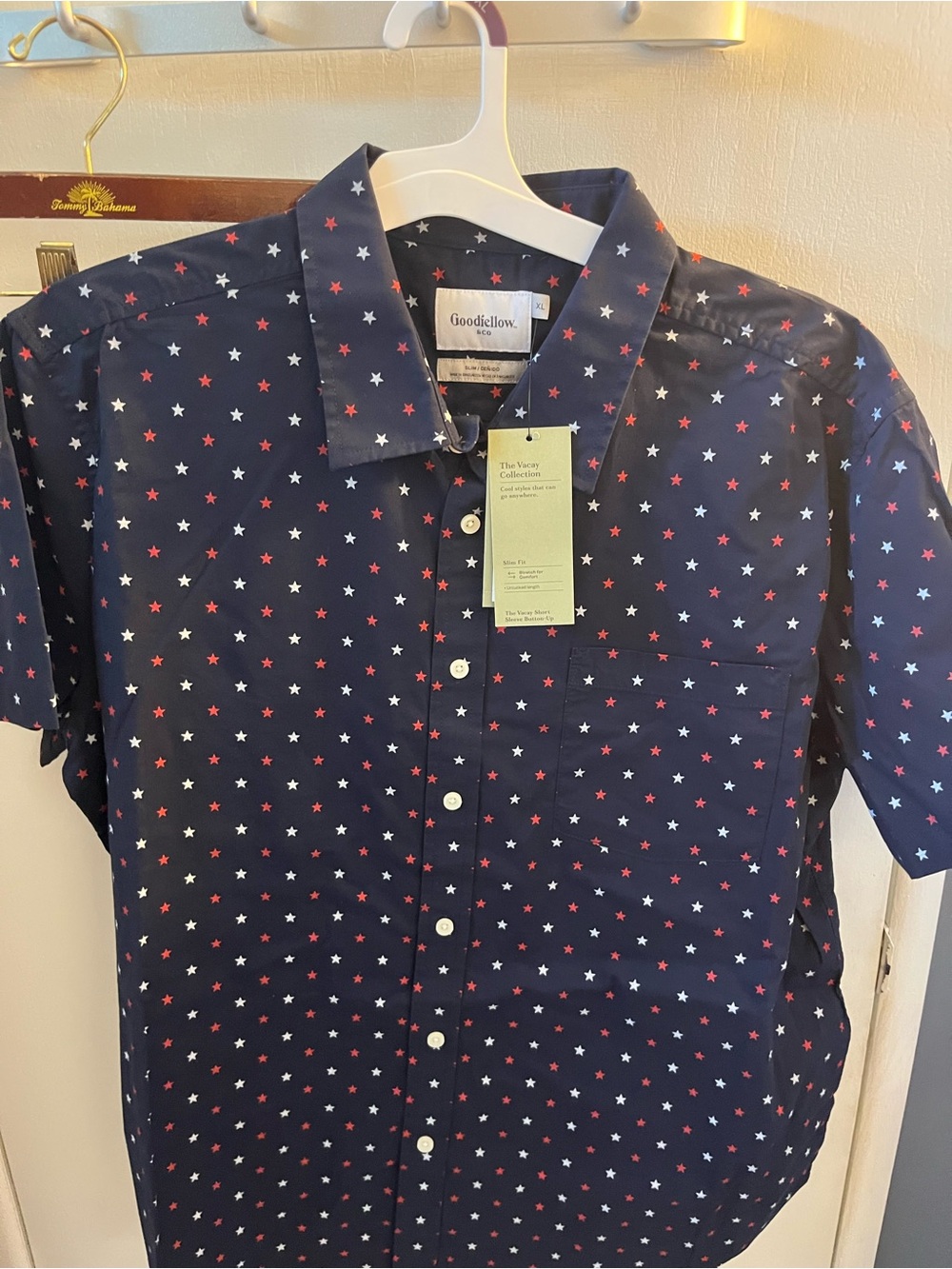 Target Goodfellow & Co Navy Short-Sleeve Button-Down with Red and White Stars